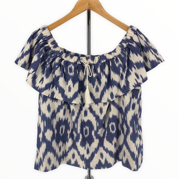 Madewell Balcony Off-the-Shoulder Top in Blue Ikat Print size Extra Small XS - Picture 2 of 15